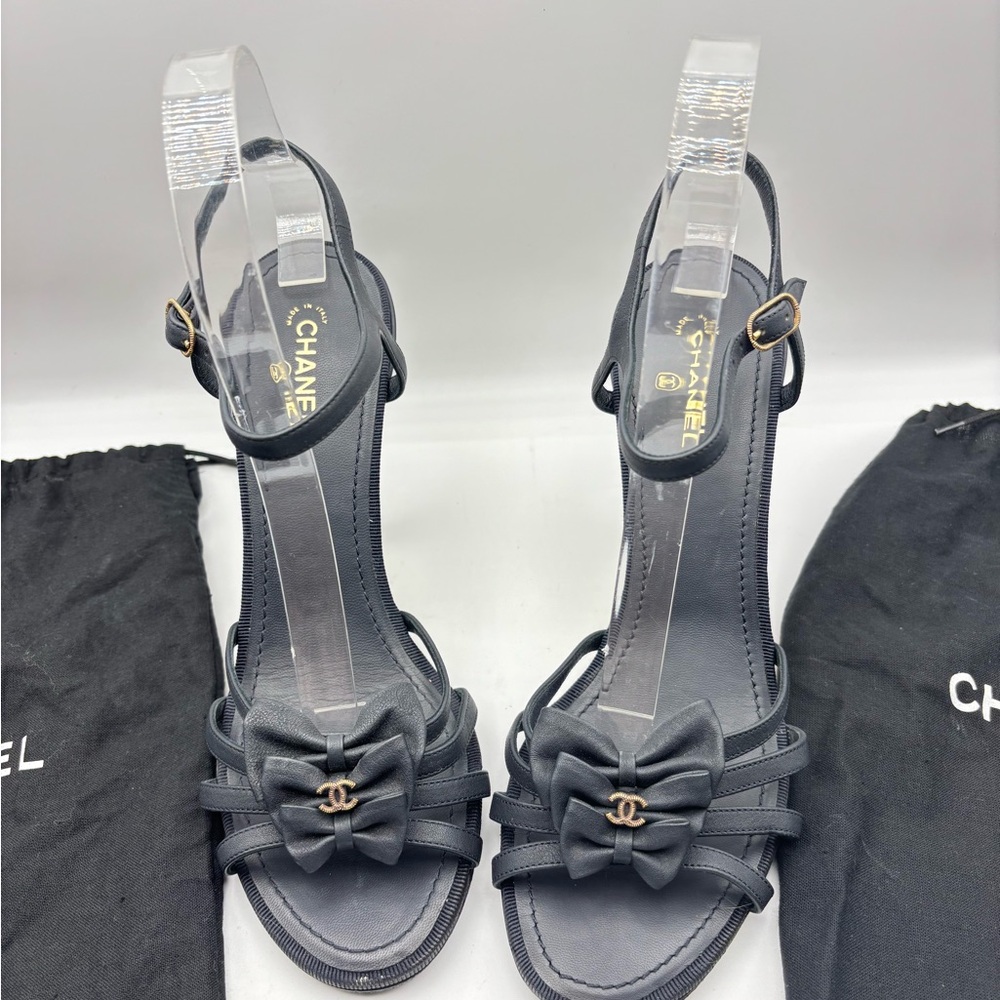 Chanel 2015 Bow Gold Logo 4.5” High Heel Sandals  38.5